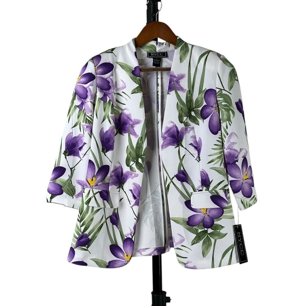 NYCC Women's Small Floral Print Jacket White Purple Open Front Office Career - Picture 2 of 11